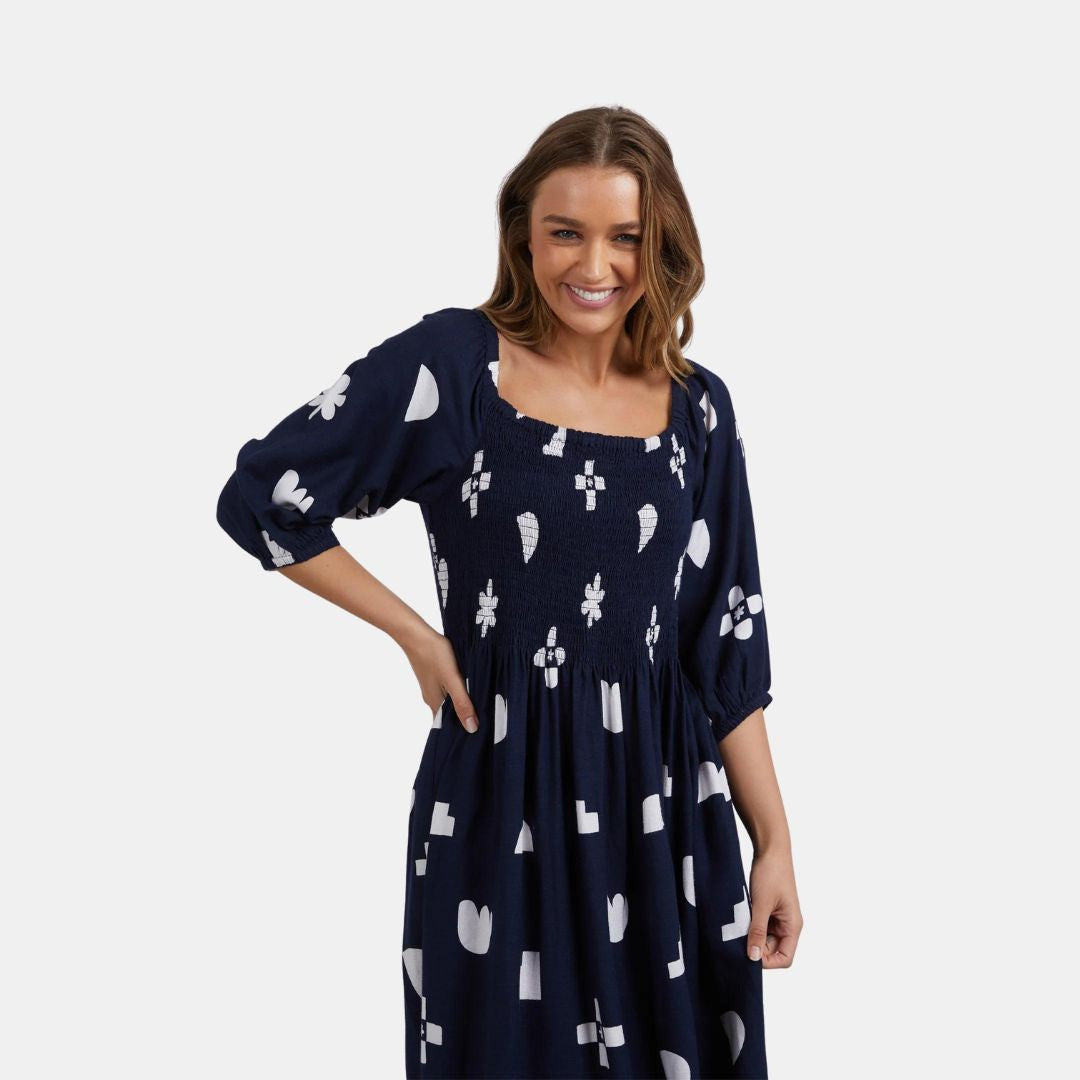 Navy Blue Spot Print Square Neckline Top