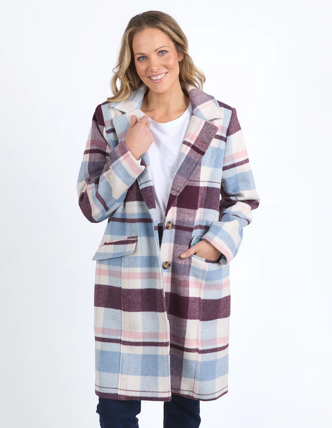 Elm Knitwear | Blanche Check Coat - Steel Blue | Shut the Front Door