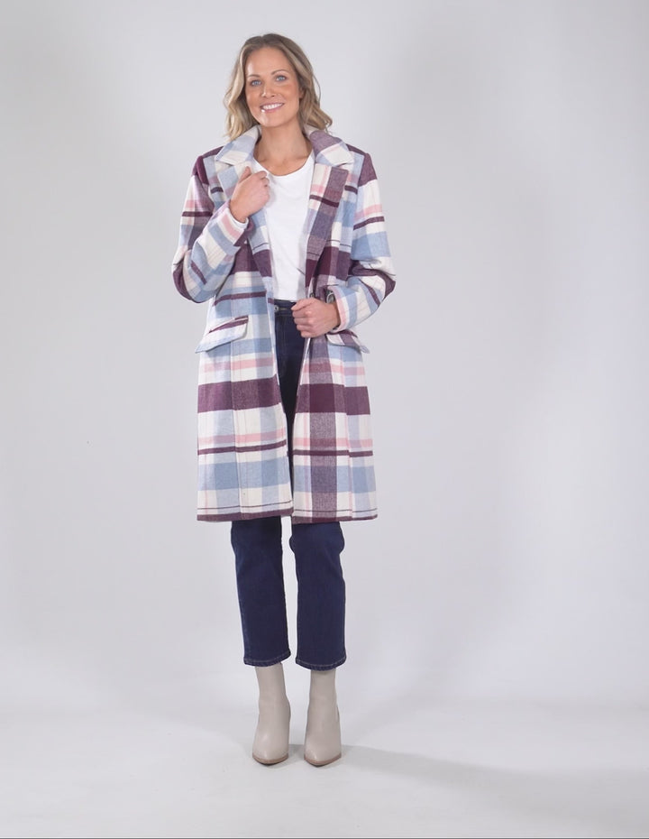 Elm Knitwear | Blanche Check Coat - Steel Blue | Shut the Front Door