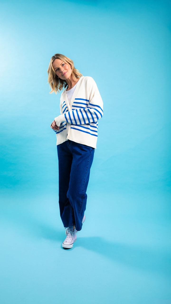 Elm Knitwear | Mabel Stripe Cardi - Cerulean | Shut the Front Door